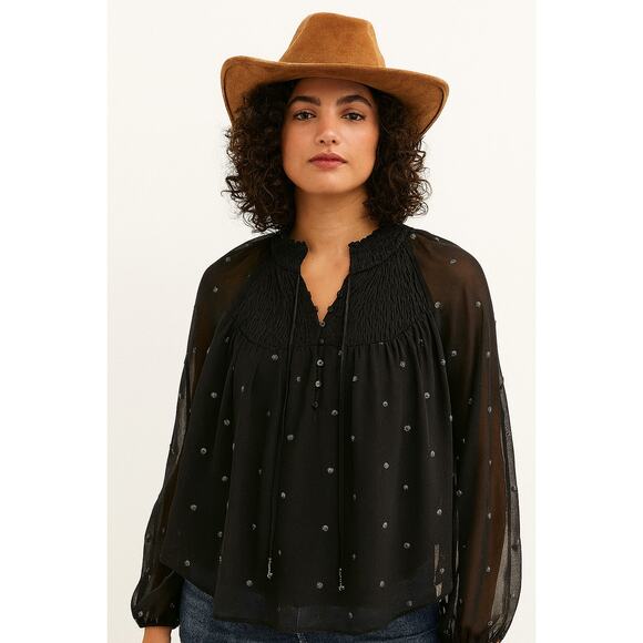 Free People Sheer Black Boho Peasant Blouse Smocked Neck Size Small - Picture 1 of 11